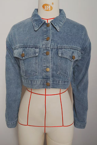 Cropped Denim Jacket with Button Detail