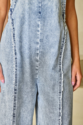Wide-Leg Denim Overall Jumpsuit