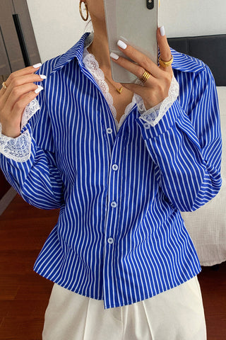 Striped Lace-Trim Button-Up Blouse