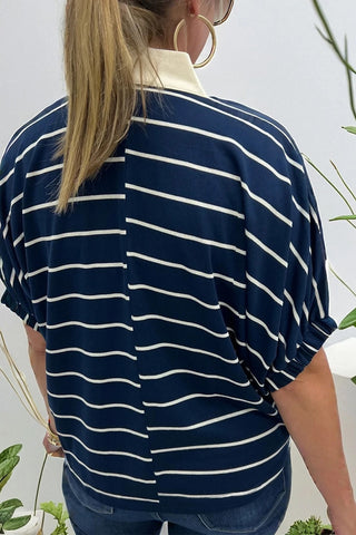 Striped Stand Collar Dolman Sleeve Top
