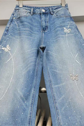 Wide-Leg Straight Jeans with Embellishments