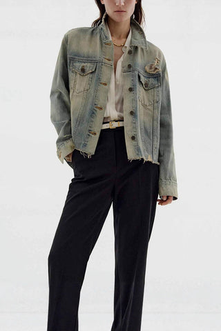 Distressed Denim Jacket with Button Closure