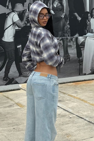 Zip-Up Plaid Shacket with Drawstring Waist