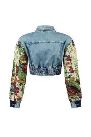 Printed Cropped Jacket and Distressed Pants Set