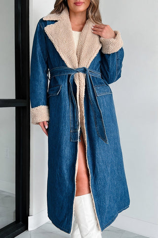 Belted Denim Coat with Plush Trim