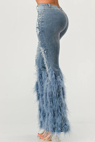 Distressed Bootcut Jeans with Feather Trim