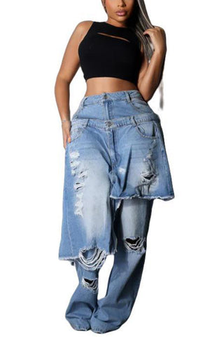 Distressed Jeans with Skirt Overlay