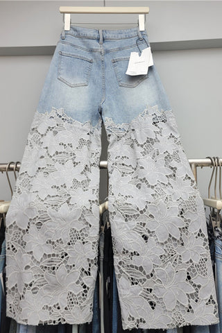 Lace-Panel Straight Denim Jeans