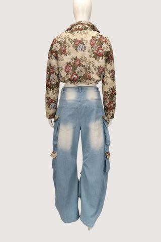 Floral Patch Pockets Wide-Leg Jeans