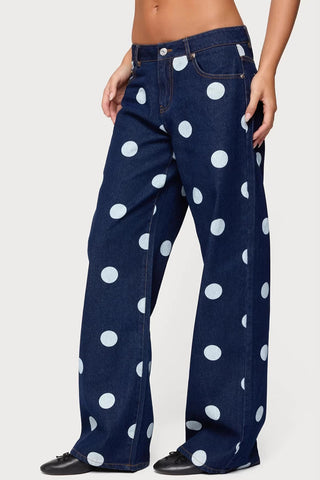 Polka Dot Denim Straight Jeans