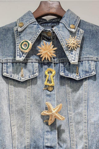 Embellished Denim Jacket with Unique Brooches