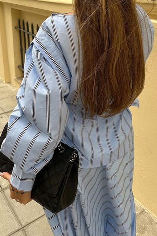 Striped Belted Skirt Set with Long Sleeves