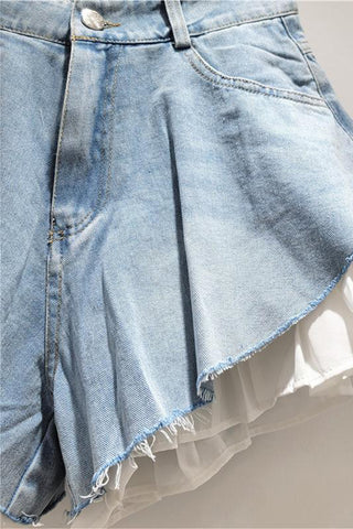 Layered Frill Hem Denim Shorts