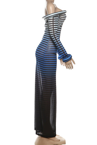 Off-Shoulder Striped Evening Dress