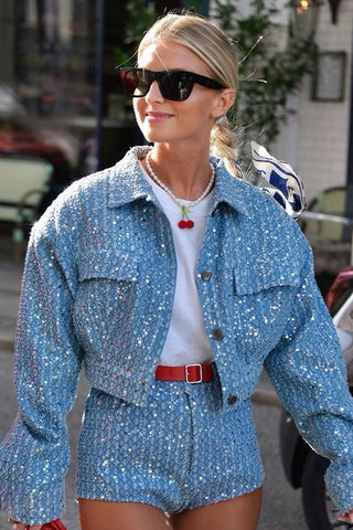 Sequin Embellished Cropped Denim Jacket