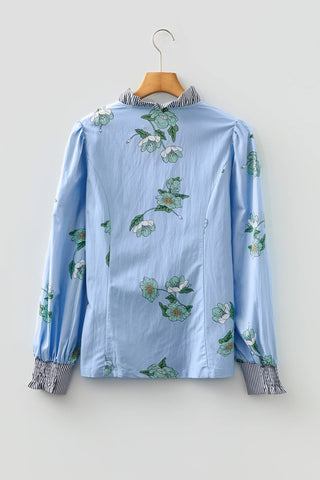 Floral Print Contrast Striped Trim Blouse