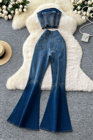 Strapless Denim Flared Pants Set