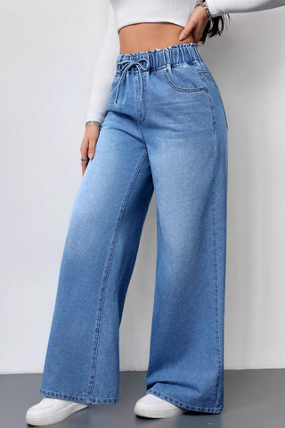 Casual Drawstring Wide-Leg Jeans