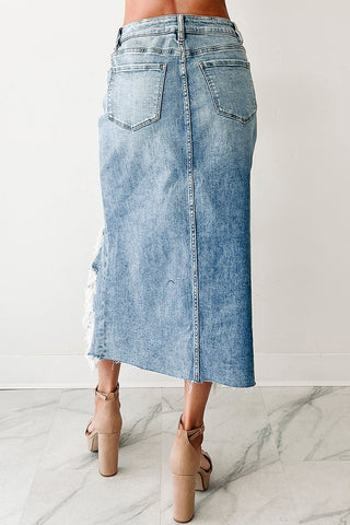 Distressed High-Low Denim Skirt