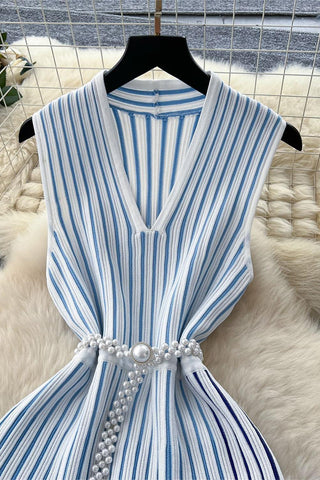 Striped V-Neck Belted Dress