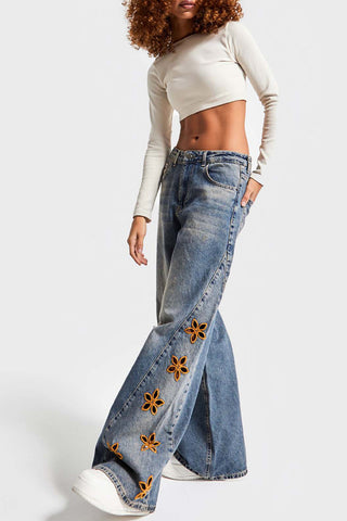 Floral Detail Wide Leg Jeans