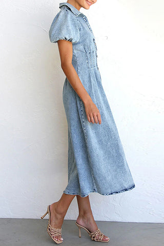 Button-Front Denim Midi Dress