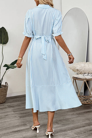 Striped Puff-Sleeve Midi Dress