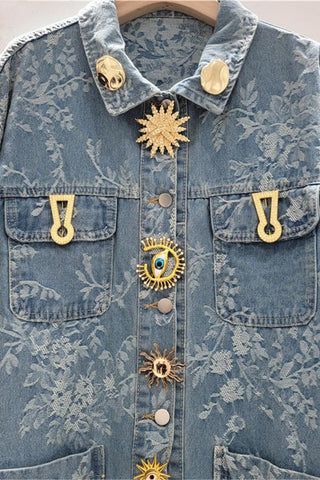 Embellished Denim Jacket with Floral Pattern
