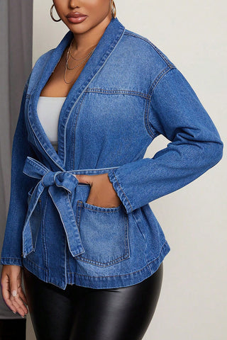 Belted Denim Jacket with Deep V-Neck