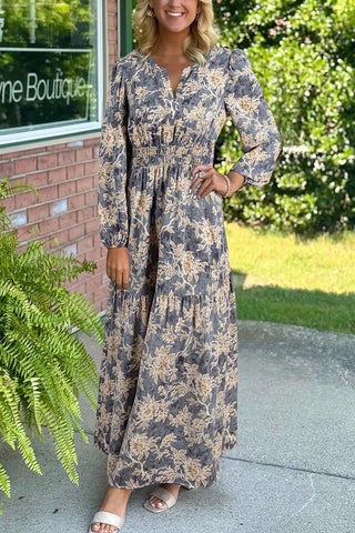 Floral Print Smocked Maxi Dress with Long Sleeves