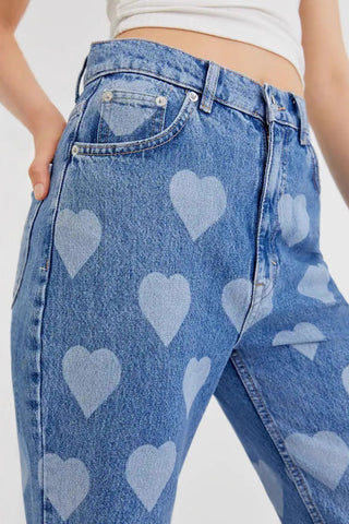 Heart-Print Straight Denim Jeans