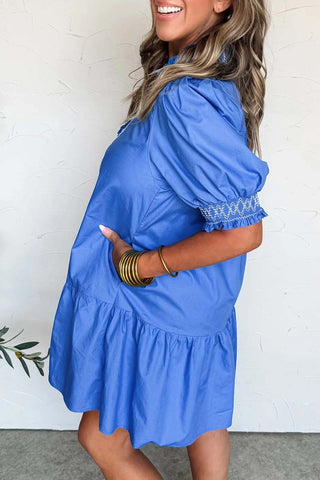 Smocked Detail Short Puff Sleeve Mini Dress
