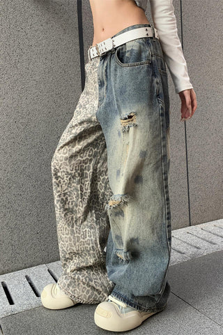 Distressed Patchwork Wide-Leg Jeans