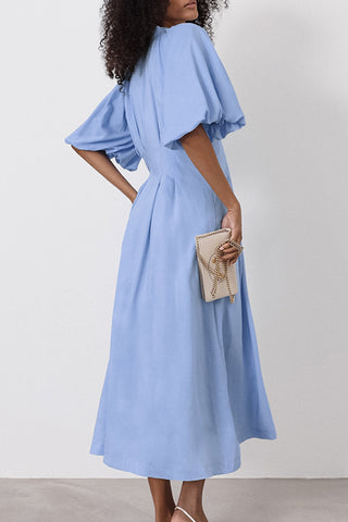 Puff-Sleeve Buttoned Casual Dress