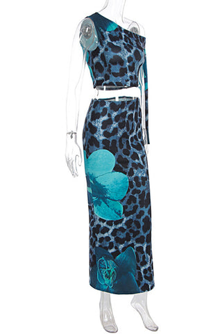 One-Shoulder Leopard Print Skirt Set