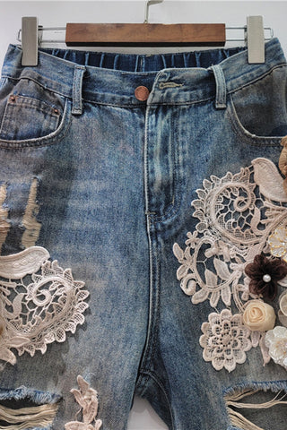 Floral Lace Embellished Denim Shorts