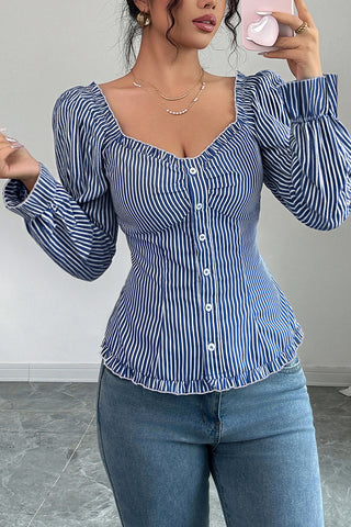 Stripe Button-Front Puff Sleeve Top