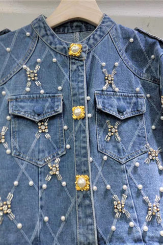 Embellished Pearl Button Denim Jacket