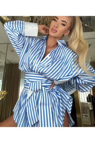 Asymmetrical Ruffle Belted Shirt Dress