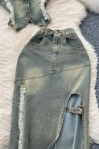 Button-Up Skirt Set with Stylish Vest