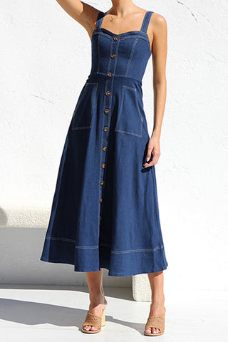 Button-Front Denim Midi Dress