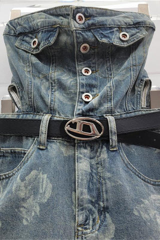 Strapless Button-Front Denim Romper