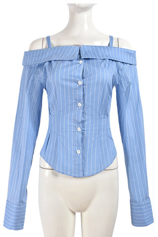 Off-Shoulder Striped Button-Down Top