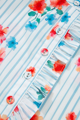 Stripe Floral Pattern Belted Mini Dress