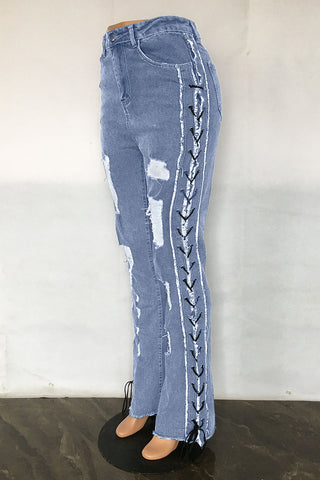 Distressed Lace-Up Straight Jeans