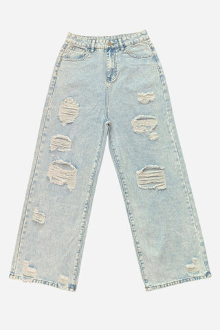 Distressed Wide-Leg Straight Jeans