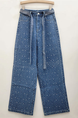 Rhinestone Straight-Leg Jeans with Belt