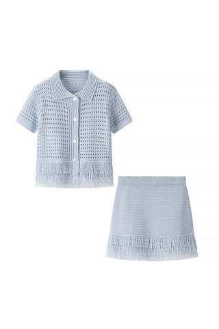 Fringe-Trimmed Skirt Set with Button Top