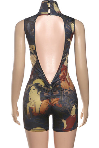 High Neck Printed Sleeveless Romper