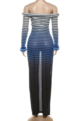 Off-Shoulder Striped Evening Dress